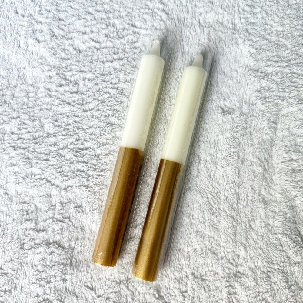White and Gold 8” Unscented Taper Candles - set of 2